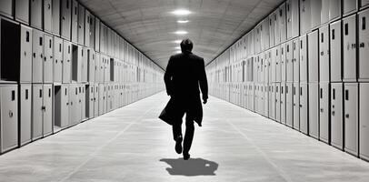 A cybersecurity professional in a suit walks confidently through a corridor filled with secured data storage lockers. This setting emphasizes the importance of risk management and data safety. photo