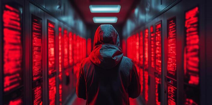 A cybersecurity expert stands in a dimly lit data center, facing rows of servers displaying red alerts. They are assessing firewall configurations in response to a potential data breach. photo