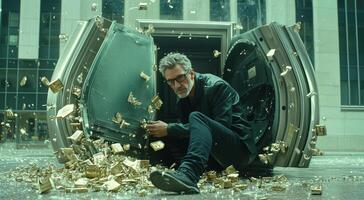 A cybercriminal is depicted working on a vault during a data breach, with gold bars spilling around. The environment suggests a high-stakes cybersecurity incident taking place in an urban setting. photo
