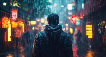 A person stands in a vibrant urban setting amidst rain, surrounded by neon lights. The scene captures the challenges of cybersecurity as data breaches heighten risk management concerns. photo