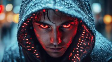 In a dark urban environment during a rainy night, a cybersecurity expert focuses on securing networks, showcasing determination to prevent data breaches and mitigate risks in technology. photo