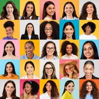 This vibrant collage showcases a diverse group women smiling against colorful backgrounds. Each person displays a unique style and expression, highlighting diversity. photo