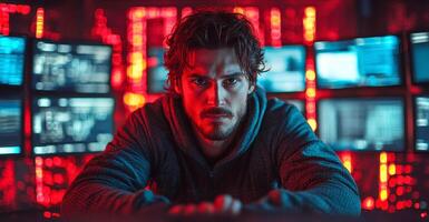 A cybersecurity expert sits at a desk surrounded by glowing screens, focused on analyzing data breach risks. The ambient light casts a red hue, emphasizing the tension of digital protection efforts. photo