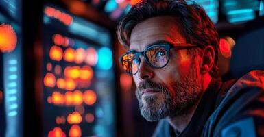 A cybersecurity expert analyzes data on multiple screens during a risk management session focused on preventing potential breaches. This is crucial for maintaining data security in real-time. photo
