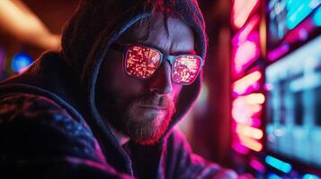 A cybersecurity expert in a hoodie examines potential data breach risks using glowing screens. Reflections in his glasses highlight his focus on cybersecurity and risk management strategies. photo