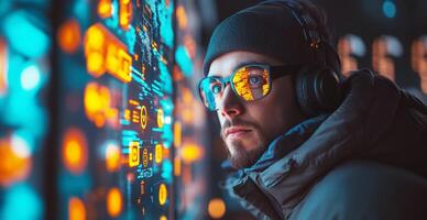 A cybersecurity expert analyzes digital data on an illuminated screen, wearing headphones and glasses, focused on preventing potential data breaches and enhancing risk management strategies. photo