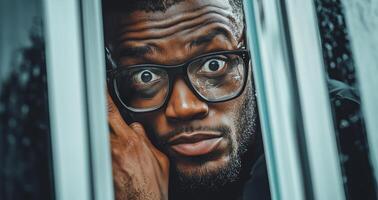 A person looks worried through a window, reflecting anxiety about cybersecurity issues, especially data breaches and firewall vulnerabilities during a tech discussion. photo