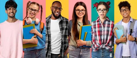 A diverse group of happy young people are gathered, showcasing joy and friendship. They wear casual summer outfits and glasses, smiling in front of bright colored backgrounds, exuding positivity. photo