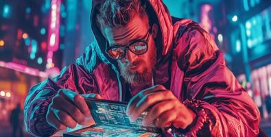 A cybersecurity expert studies data breach risks on a portable device in a vibrant urban setting. Neon lights illuminate the surroundings, showcasing the nighttime activity in the city. photo
