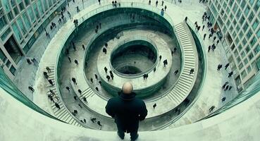 A security analyst observes a spiral architecture in a busy urban center, using technology to assess potential cybersecurity breaches and manage data protection strategies during peak hours. photo