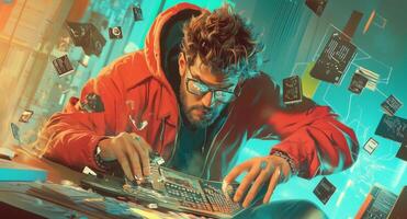A cybersecurity expert is intensely focused on configuring firewall settings to prevent data breaches. He is surrounded by digital data streams and programming code, emphasizing risk management. photo