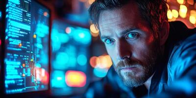 A cybersecurity expert examines data and monitors potential risks on multiple screens while working in a dimly lit room filled with illuminated technology. photo