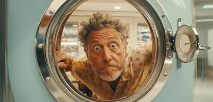 A man with wild hair and wide eyes curiously looks through a round window of a secure housing system. He is clearly intrigued by what lies beyond. The setting appears to be innovative and modern. photo