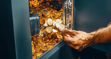 A hand retrieves coins from a secure vault filled with gold, highlighting the importance of cybersecurity and risk management to prevent data breaches and protect valuable assets. photo