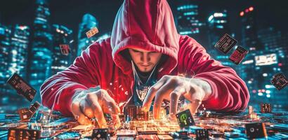 A cybersecurity expert in a hooded sweater focuses on navigating a digital interface filled with data and security elements, highlighting the urgency of managing data breaches in urban environments. photo