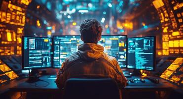 A cybersecurity specialist analyzes multiple screens filled with complex data, visualizations focused on identifying and mitigating data breaches during late-night hours in a secure facility. photo