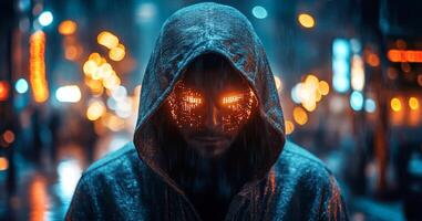 In a dimly lit urban environment, a cybersecurity expert analyzes potential data breaches while rain falls. The scene conveys a sense of urgency amid the glowing lights of the city. photo
