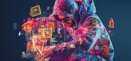A cybersecurity professional in casual attire studies complex data visualizations related to firewalls and data breaches. photo