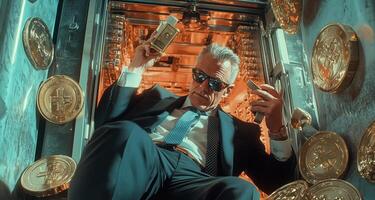 A professional in a suit holds cash and digital coins inside a secure vault. The atmosphere highlights the importance of cybersecurity and risk management in financial environments. photo