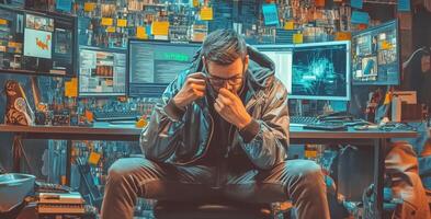 In a dimly lit workspace, a cybersecurity specialist reviews multiple monitors displaying data and analytical tools. photo