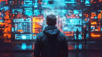 A person stands in a dark room, facing a vibrant digital display showcasing data related to cybersecurity and risk management. photo