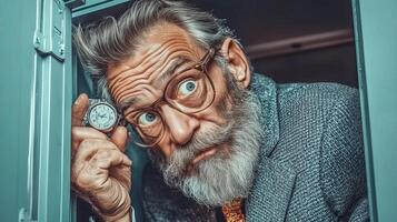 An elderly man with a striking beard and glasses is peering from inside a locker while holding a clock. He appears focused, symbolizing urgency in cybersecurity and data breach awareness. photo