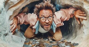 A surprised individual digs through a hidden cave filled with coins, representing the exploration of valuable data in cybersecurity. This scenario highlights risks and breaches in digital security. photo