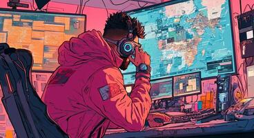 An individual monitors multiple screens displaying global data maps and alerts in a cybersecurity command center. The focus is on managing risks and preventing breaches, enhancing protection. photo