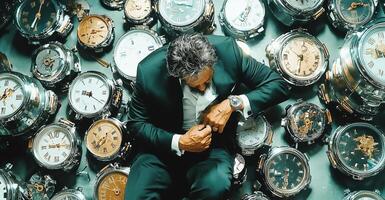A professional sits surrounded by numerous clocks, symbolizing the time-sensitive nature of cybersecurity. The focus is on understanding risks associated with data breaches and effective management. photo