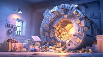 A secure vault has been breached with piles of coins scattered around. This event illustrates significant risks to data security in financial environments during the ongoing cybersecurity challenge. photo