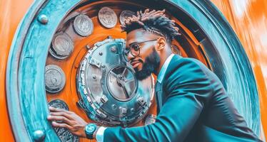 A professional in formal attire inspects a secure firewall interface, focused on identifying potential data breaches. This activity highlights the importance of cybersecurity in risk management. photo