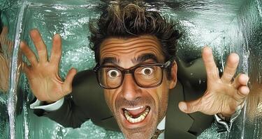 A cybersecurity expert, wearing glasses and a suit, appears trapped in a transparent box, symbolizing vulnerability. photo