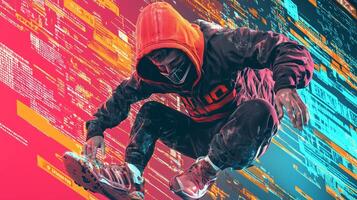 A skateboarder in a bright hoodie leaps mid-air against a colorful, abstract backdrop symbolizing data flow and cybersecurity. The scene conveys themes of technology and risk management. photo