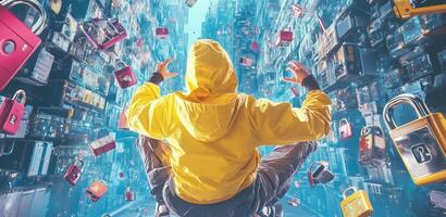 A person wearing a yellow jacket is surrounded by floating locks, representing the complexities of cybersecurity. photo