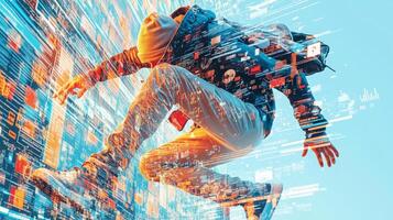 A figure in a hoodie appears to leap through a vibrant digital landscape filled with data streams and cybersecurity icons. photo