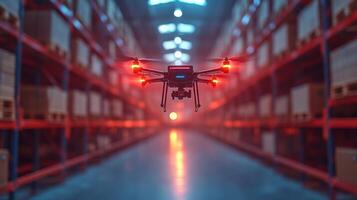 A drone equipped with lights navigates through a spacious logistics warehouse filled with stacked boxes. It performs inventory checks to enhance efficiency in operations. photo
