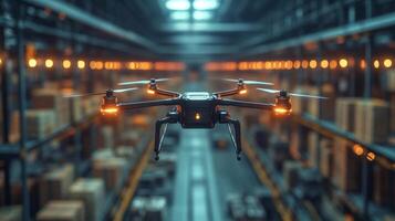 A drone navigates through a large logistics center, efficiently managing inventory and enhancing the speed of warehouse operations amid a bustling distribution environment. photo