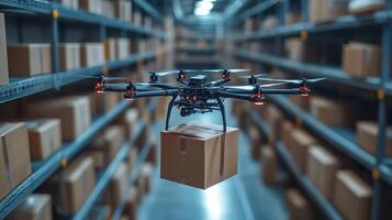 A drone transports a package in a highly automated warehouse, showcasing advancements in logistics and transportation technology for faster last mile delivery. photo