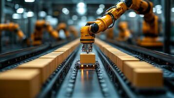 Robots equipped with robotic arms expertly sort and move packages along an assembly line in a modern logistics center, enhancing delivery speed and accuracy during daily operations. photo