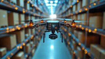 A drone is flying through a warehouse lined with storage shelves filled with boxes, showcasing advances in automation and efficiency in logistics and last mile delivery systems. photo