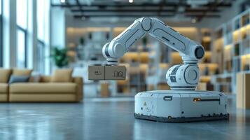A robotic arm is seen moving a package inside a contemporary logistics center designed for automation and efficiency, showcasing advanced technology in transportation and delivery. photo