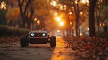 An autonomous delivery robot moves along a park pathway covered in colorful autumn leaves while the sun sets in the background, creating a warm glow and tranquil atmosphere. photo