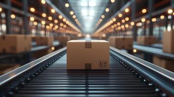 Delivery boxes are moving on a conveyor belt in a spacious, well lit warehouse designed for efficient logistics and automation, highlighting advanced transportation systems in action. photo