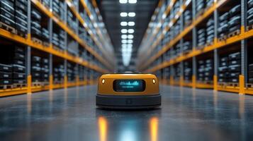 A robotic device navigates through a well organized warehouse filled with stacked storage shelves, optimizing distribution and streamlining logistics processes. photo