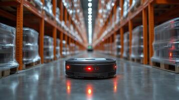 A robotic unit navigates through an expansive logistics center, showcasing innovative automation in warehouse operations. The setting features neatly arranged pallets in the background. photo