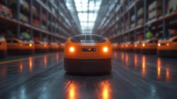 Autonomous robots navigate a modern fulfillment center, optimizing transportation and logistics processes while enhancing overall productivity during busy hours. photo