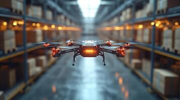 In a modern warehouse, a drone navigates between rows of shelves filled with boxes, demonstrating automated logistics and efficient inventory management. photo