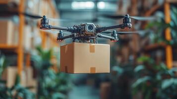 A drone equipped with a camera navigates through a modern logistics facility, carrying a cardboard box for efficient last mile delivery in a well organized environment. photo