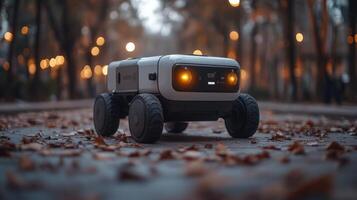 A robotic delivery vehicle moves through a city park covered in orange and brown autumn leaves during early evening. Its sensors light up as it navigates the path. photo