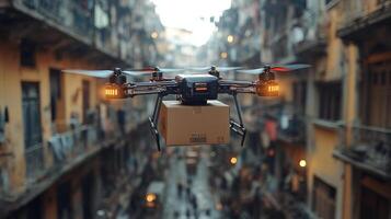 A drone carries a delivery package over crowded urban streets, showcasing the integration of automation in logistics and last mile delivery solutions in a busy metropolis. photo